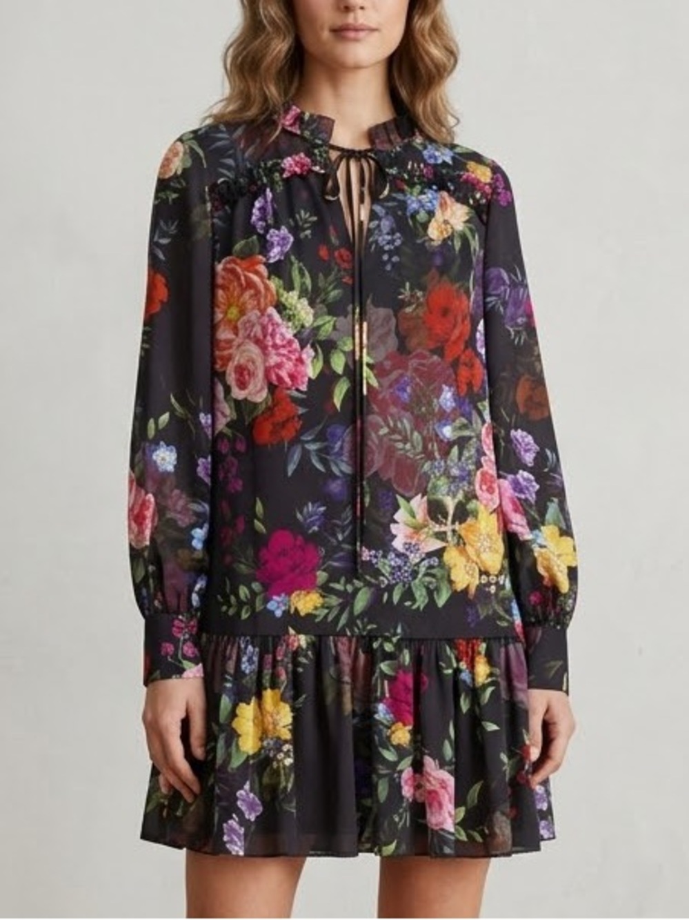 Marchesa Notte Floral Long Sleeve Drop Waist Dress Dark Romantic Wedding S/M